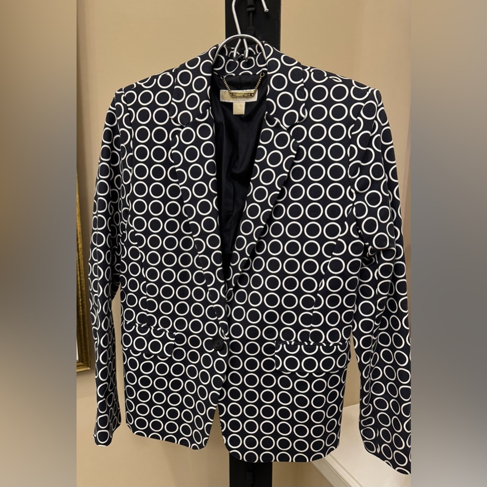 Chic Navy and White Circle Pattern Blazer